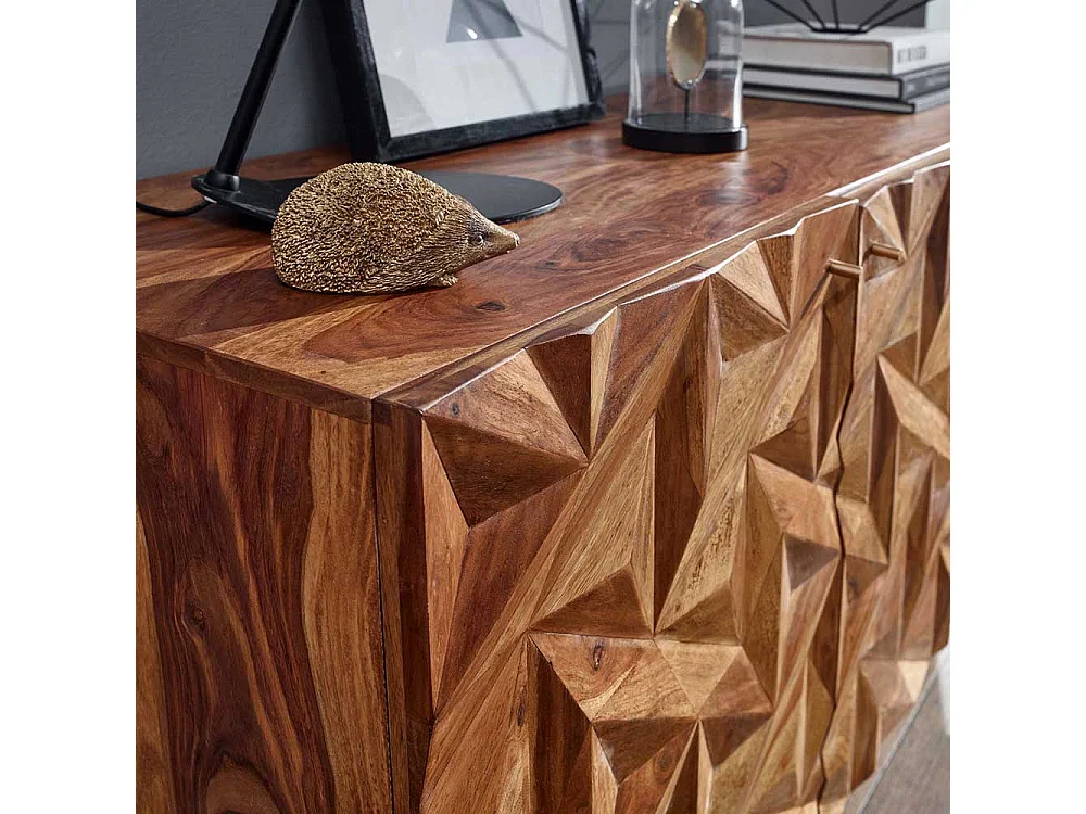 Handgearbeitetes Sideboard aus Sheesham Massivholz und Metall 3 türig