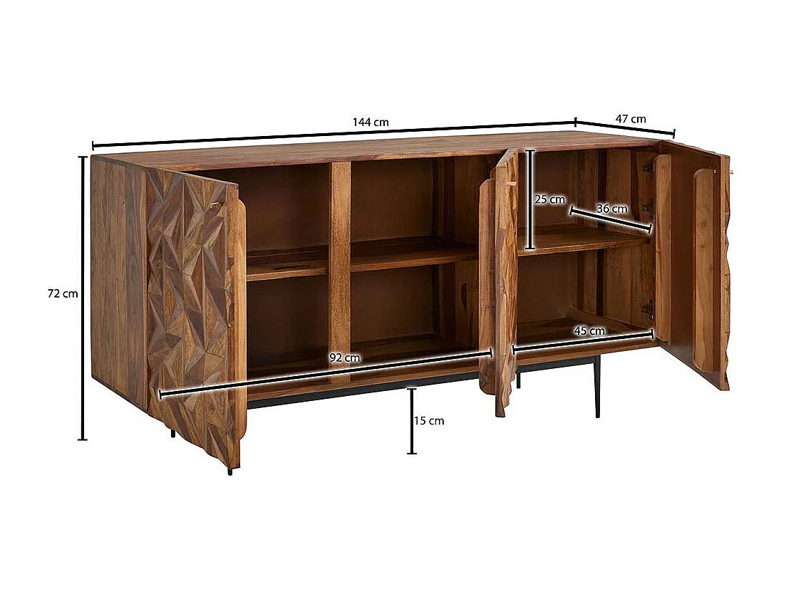 Handgearbeitetes Sideboard aus Sheesham Massivholz und Metall 3 türig