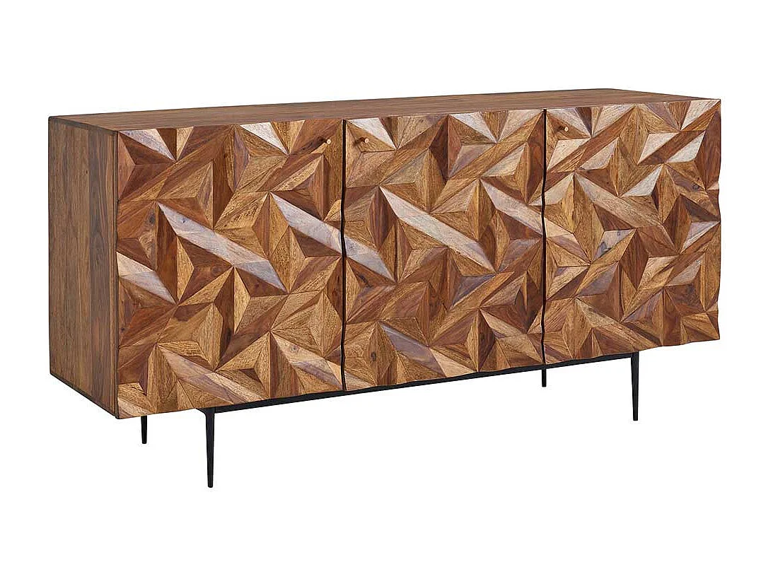 Handgearbeitetes Sideboard aus Sheesham Massivholz und Metall 3 türig