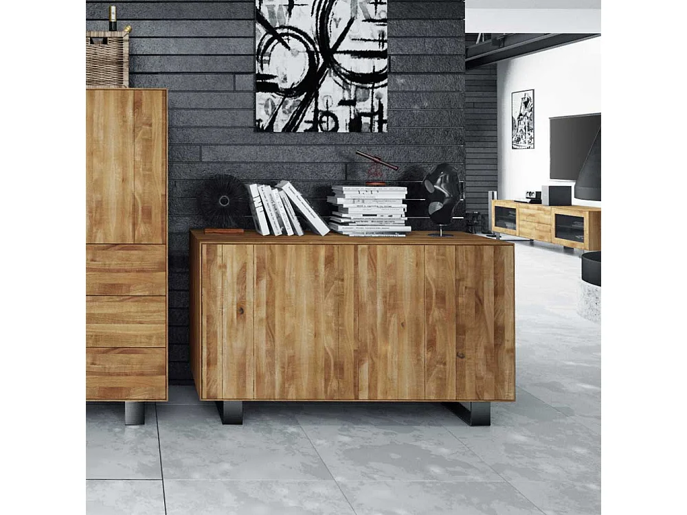 Wohnzimmer Sideboard aus Wildeiche Massivholz Stahl