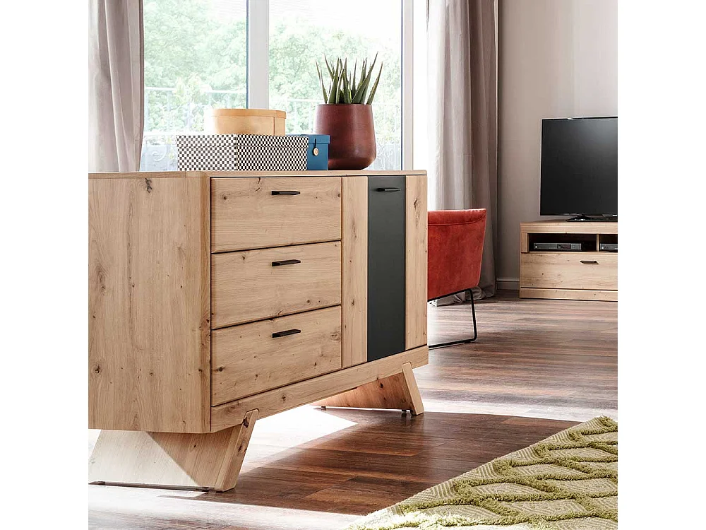 Wohnzimmerkommode in dunkel Grau und Eiche Optik 1-türig