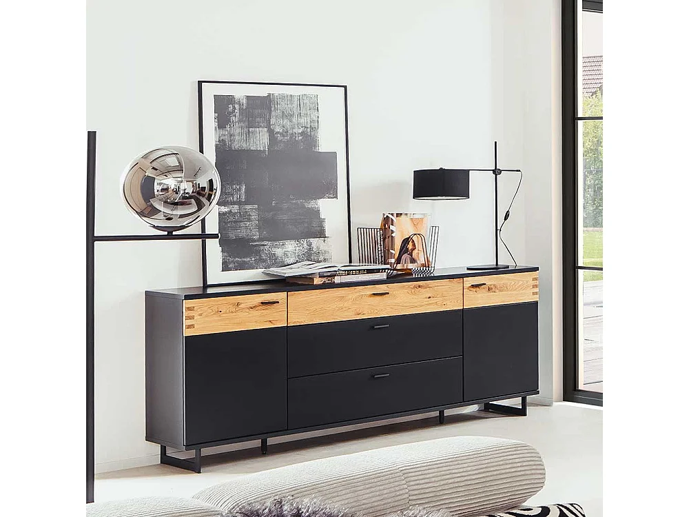 Hochwertiges Sidebord in Schwarzgrau und Wildeichefarben Bügelgestell aus Metall