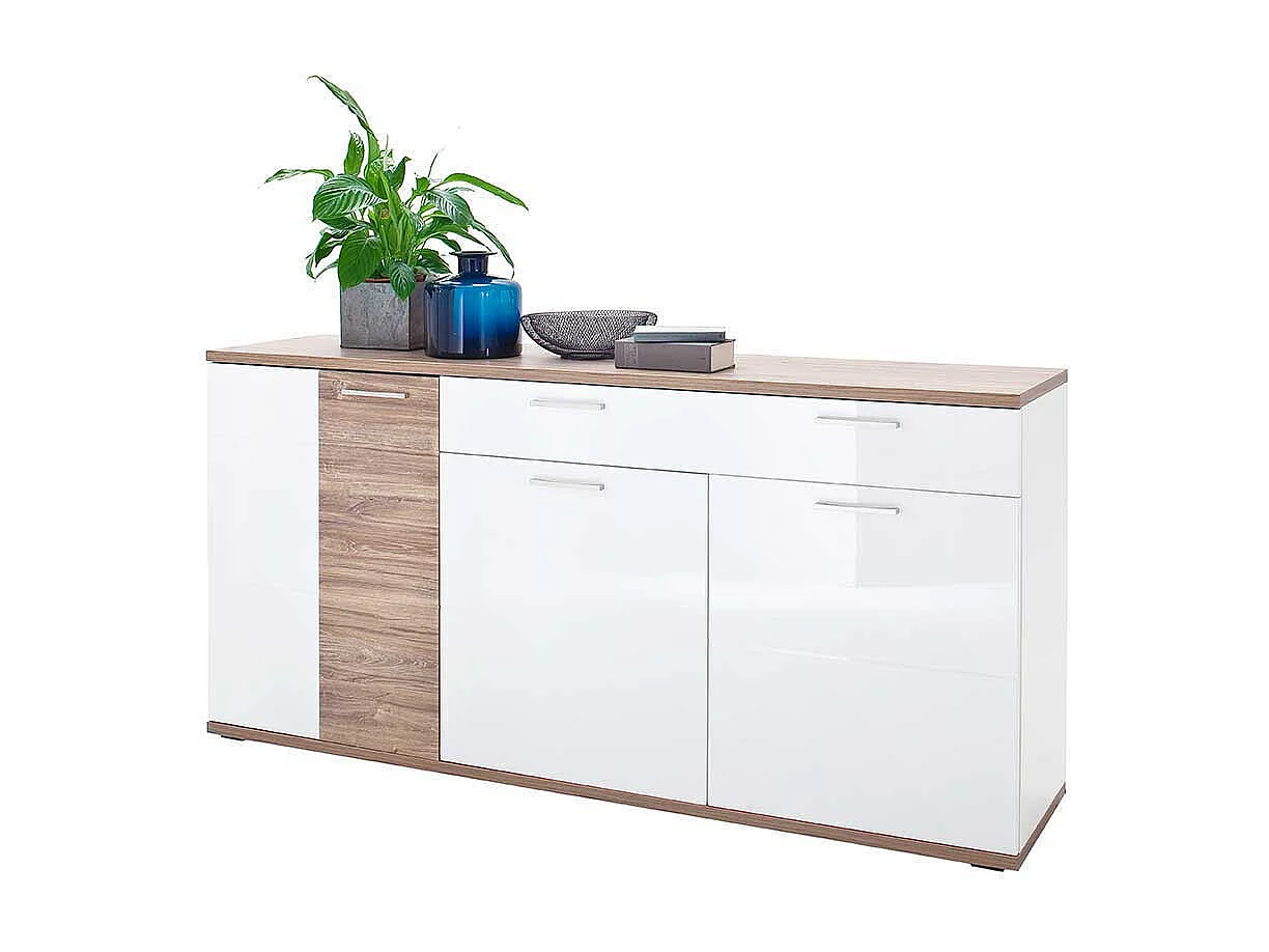Sidebord Hochglanz in Weiß und Eiche Dekor 180 cm breit