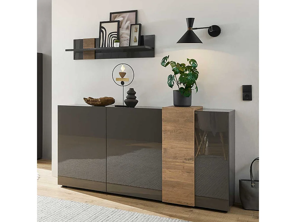 Design Sideboard in Dunkelgrau und Eichefarben 3 Drehtüren