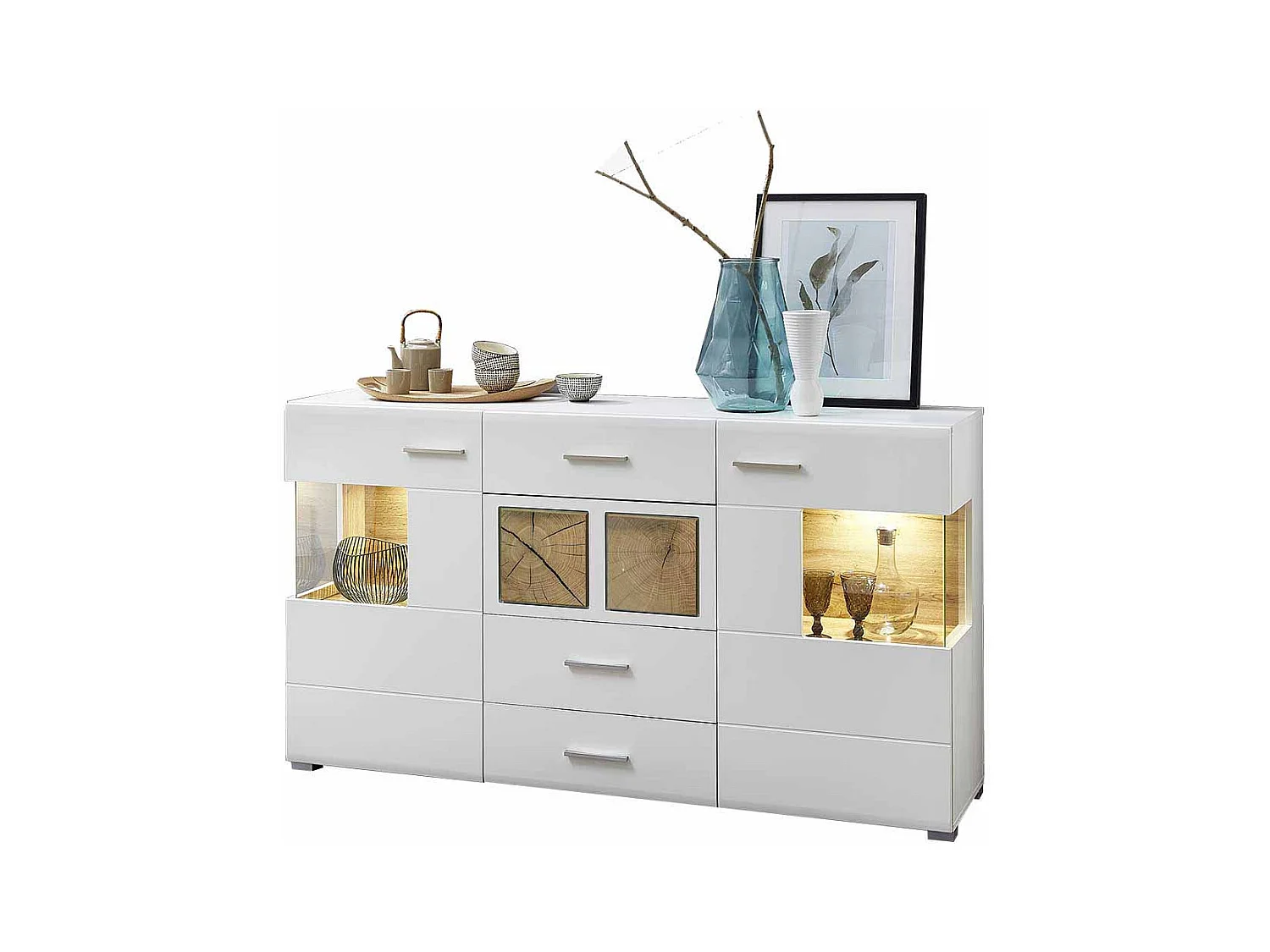 Design Sideboard in Weiß Holz Dekor LED Beleuchtung