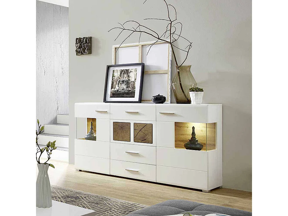 Design Sideboard in Weiß Holz Dekor LED Beleuchtung