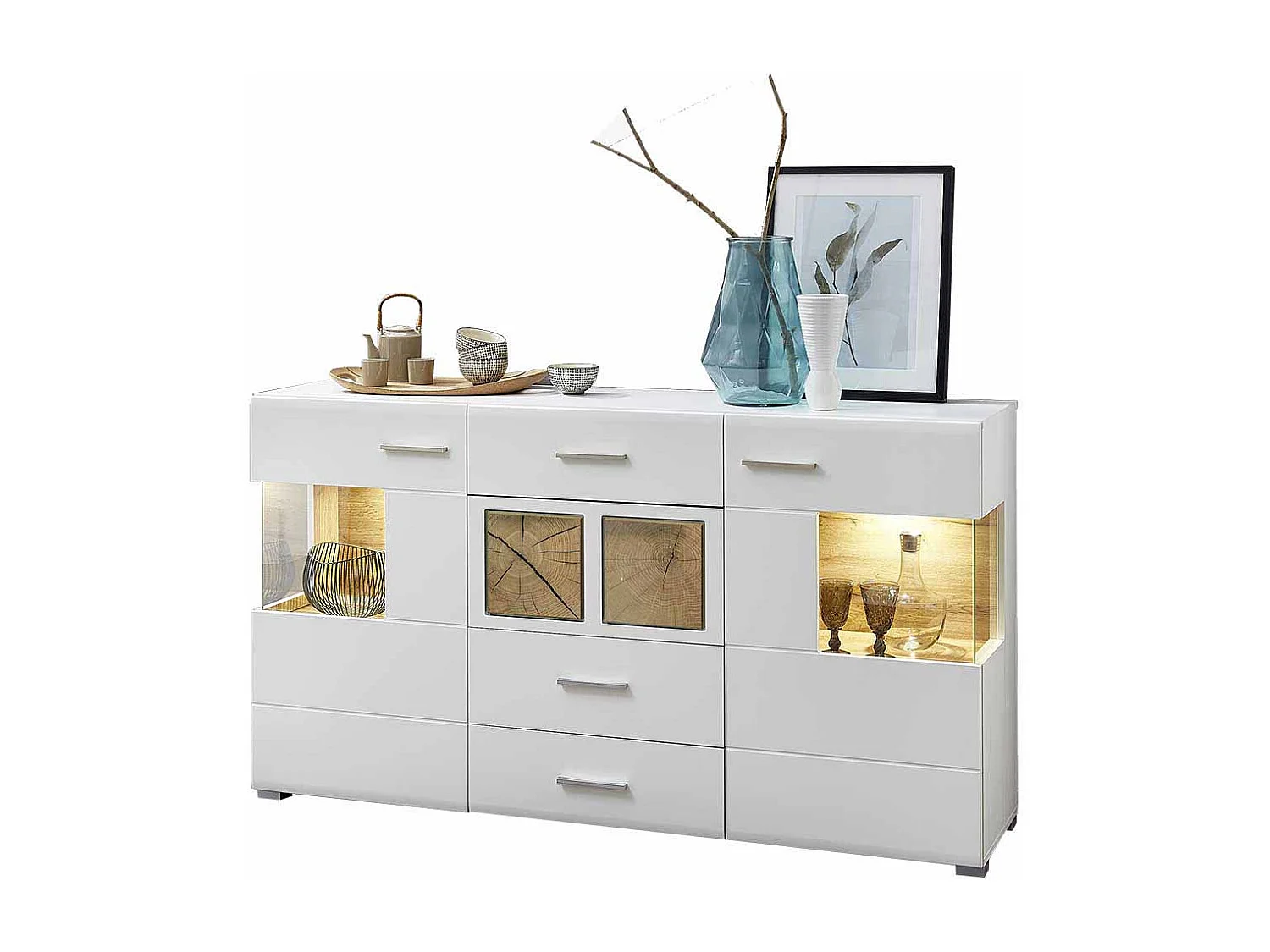 Design Sideboard in Weiß Holz Dekor LED Beleuchtung