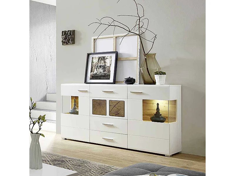 Design Sideboard in Weiß Holz Dekor LED Beleuchtung