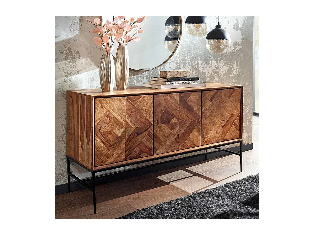 Sideboard Sheesham Massivholz mit Vierfußgestell aus Metall 123 cm breit