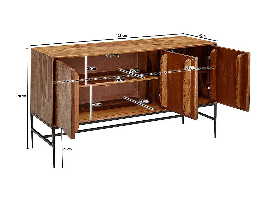 Sideboard Sheesham Massivholz mit Vierfußgestell aus Metall 123 cm breit