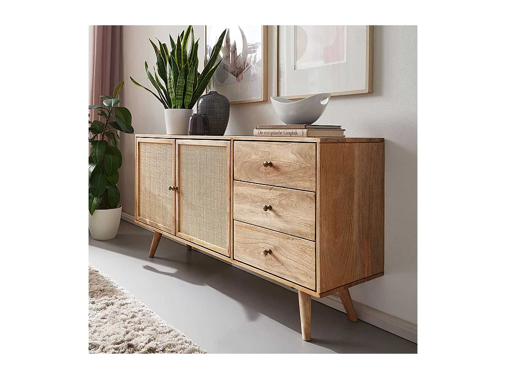 Massivholz Sideboard aus Mangobaum und Rattan Skandi Design