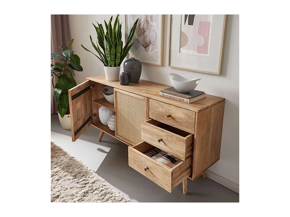 Massivholz Sideboard aus Mangobaum und Rattan Skandi Design