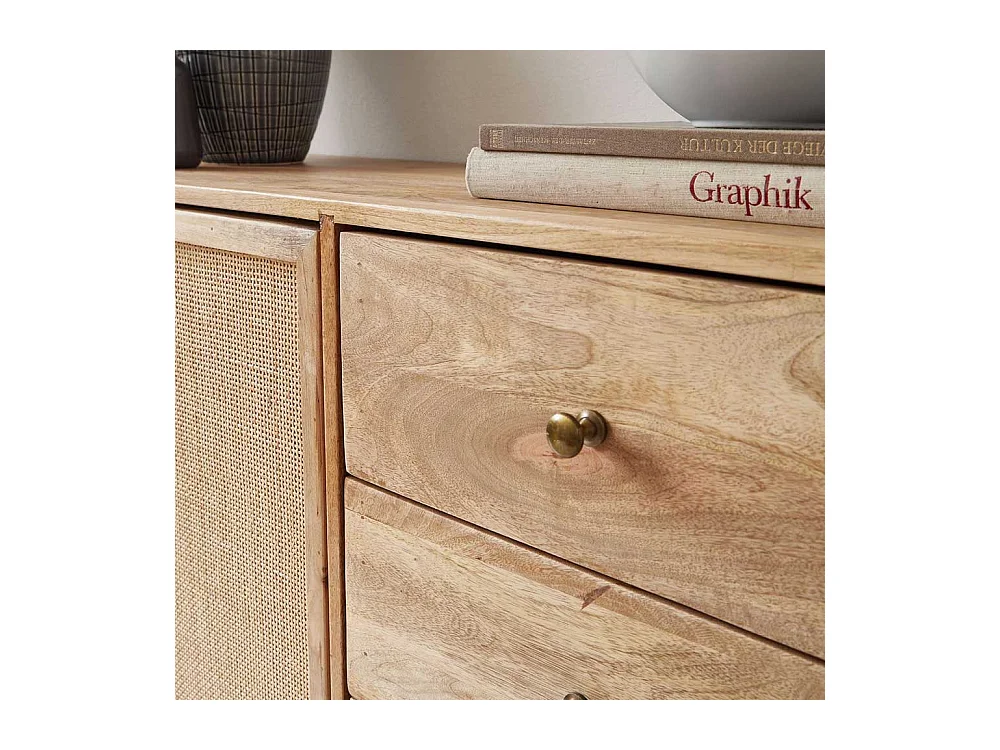 Massivholz Sideboard aus Mangobaum und Rattan Skandi Design