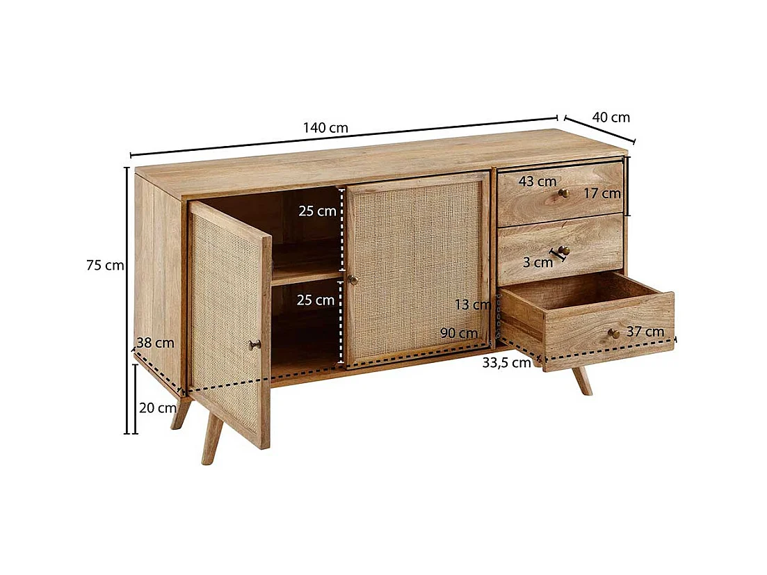 Massivholz Sideboard aus Mangobaum und Rattan Skandi Design