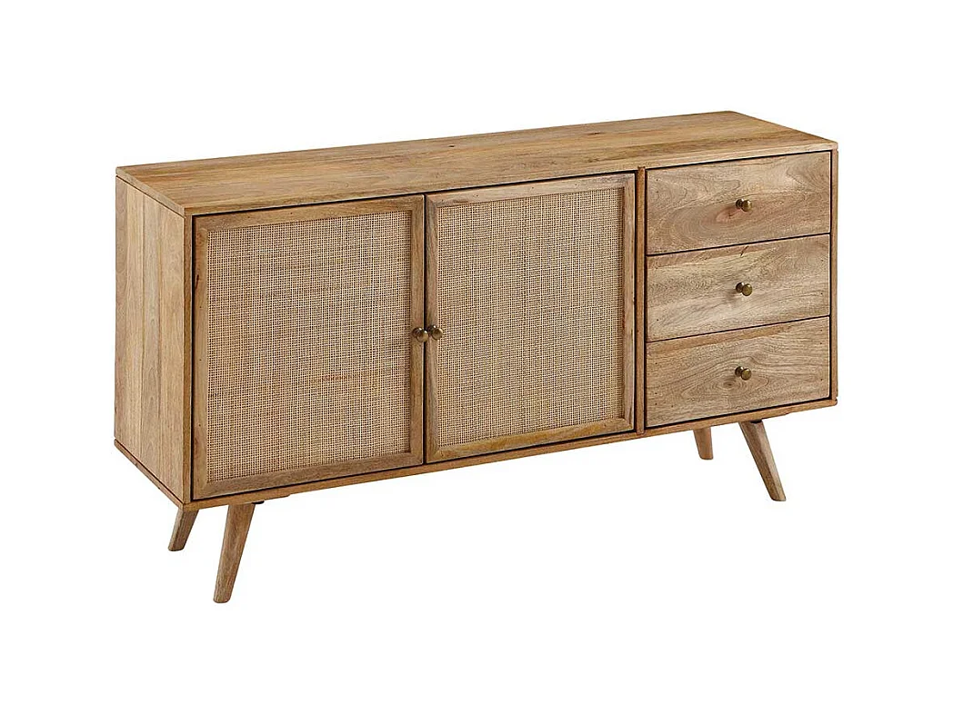 Massivholz Sideboard aus Mangobaum und Rattan Skandi Design