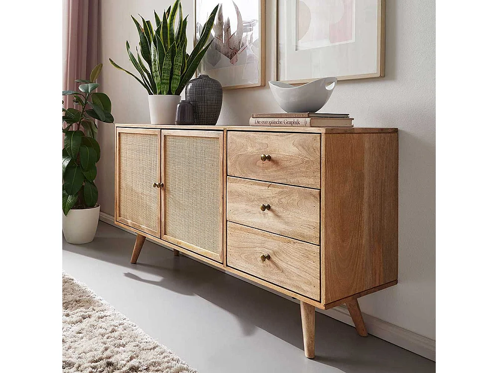 Massivholz Sideboard aus Mangobaum und Rattan Skandi Design