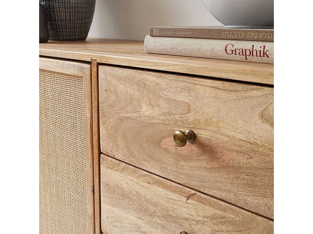 Massivholz Sideboard aus Mangobaum und Rattan Skandi Design