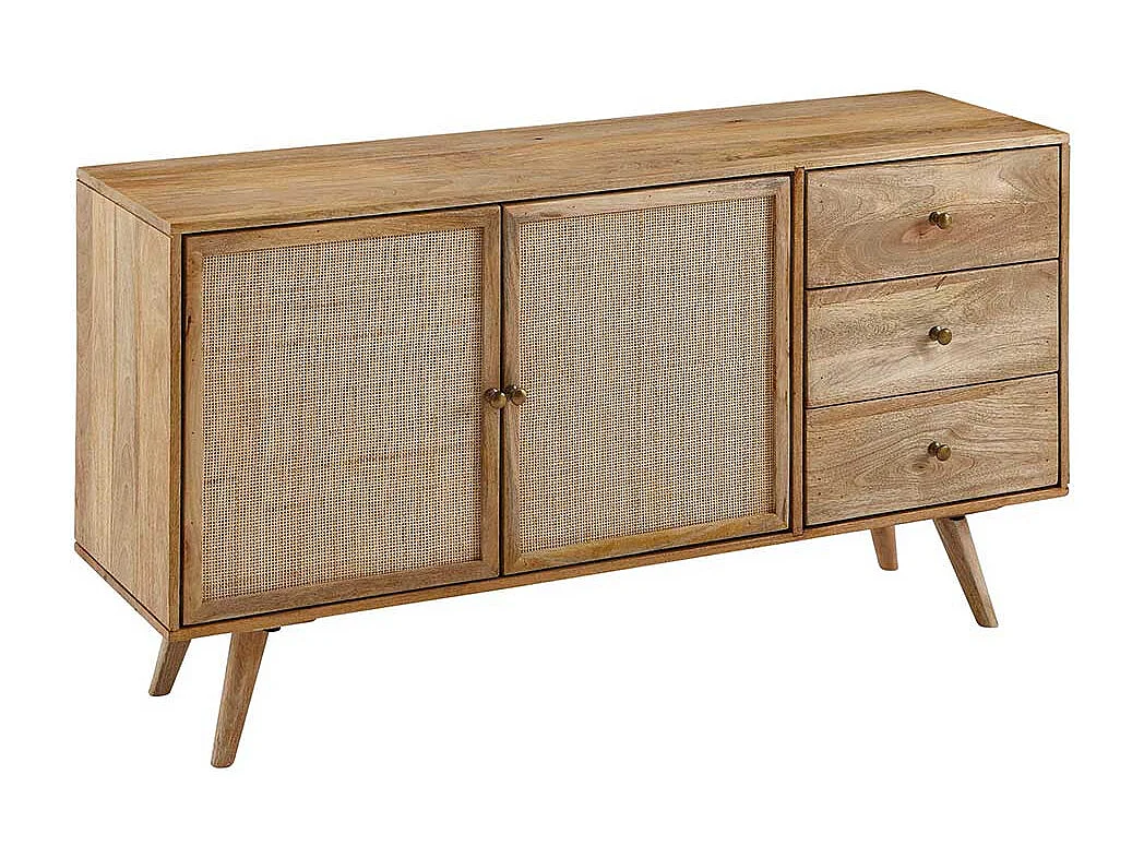 Massivholz Sideboard aus Mangobaum und Rattan Skandi Design