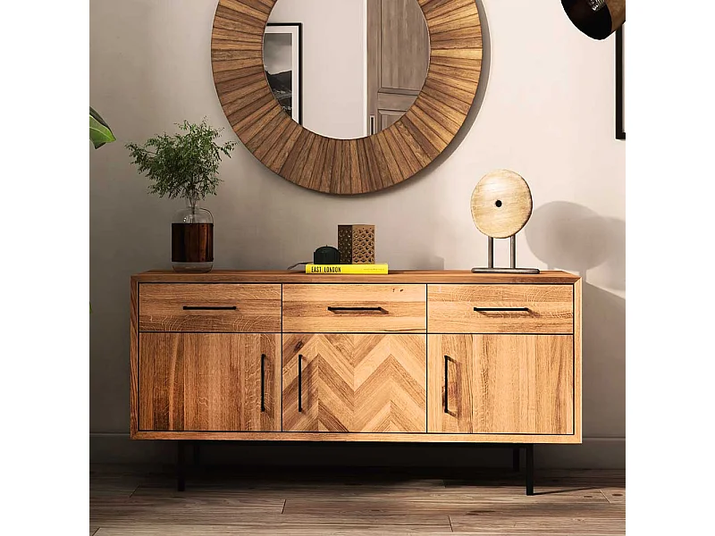 Massivholzkommode Wildeiche mit drei Schubladen Drehtüren