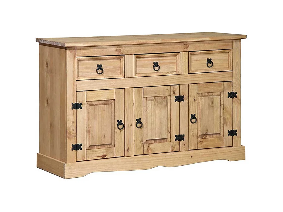 Sidebord aus Kiefer Massivholz drei Schubladen und Türen