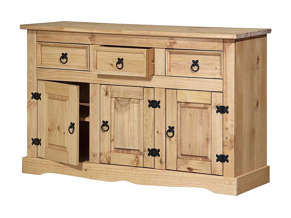 Sidebord aus Kiefer Massivholz drei Schubladen und Türen