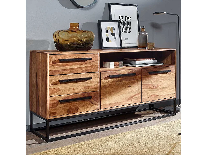 Esszimmersideboard aus Sheesham Massivholz Bügelgestell aus Metall