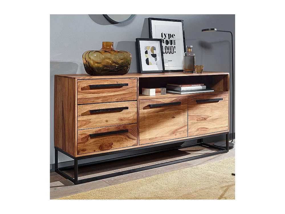 Esszimmersideboard aus Sheesham Massivholz Bügelgestell aus Metall