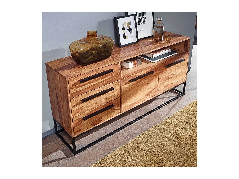 Esszimmersideboard aus Sheesham Massivholz Bügelgestell aus Metall