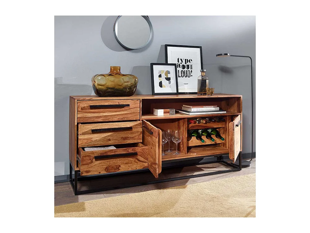 Esszimmersideboard aus Sheesham Massivholz Bügelgestell aus Metall