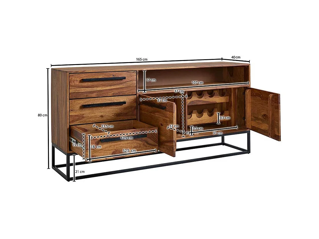 Esszimmersideboard aus Sheesham Massivholz Bügelgestell aus Metall