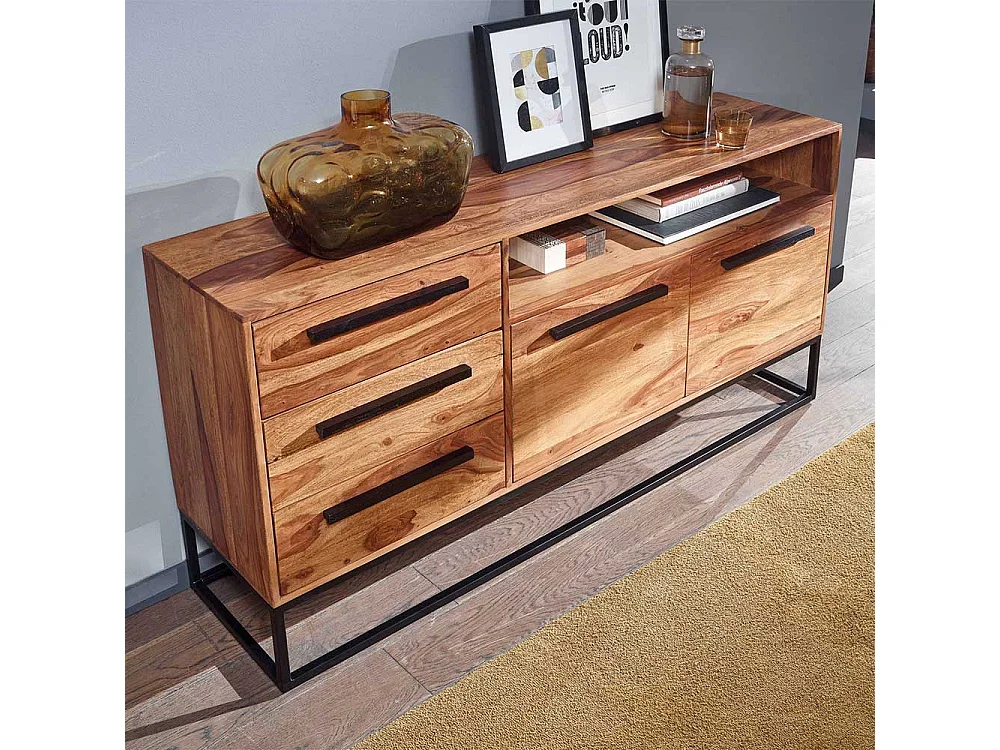 Esszimmersideboard aus Sheesham Massivholz Bügelgestell aus Metall