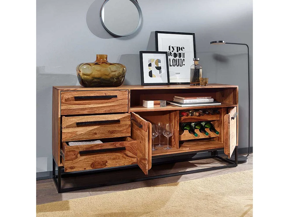 Esszimmersideboard aus Sheesham Massivholz Bügelgestell aus Metall