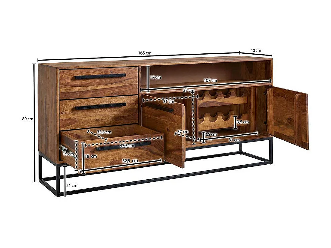 Esszimmersideboard aus Sheesham Massivholz Bügelgestell aus Metall