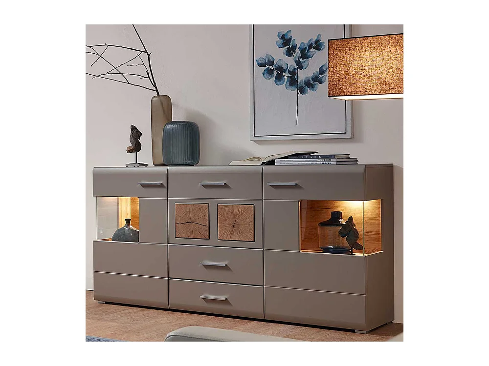 Wohnzimmer Sideboard in Grau und Eiche Optik LED Beleuchtung