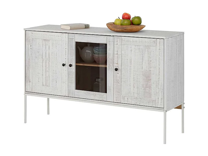 Esszimmer Sideboard in Creme Weiß massiv einer Glastür