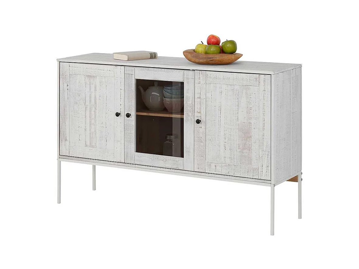 Esszimmer Sideboard in Creme Weiß massiv einer Glastür