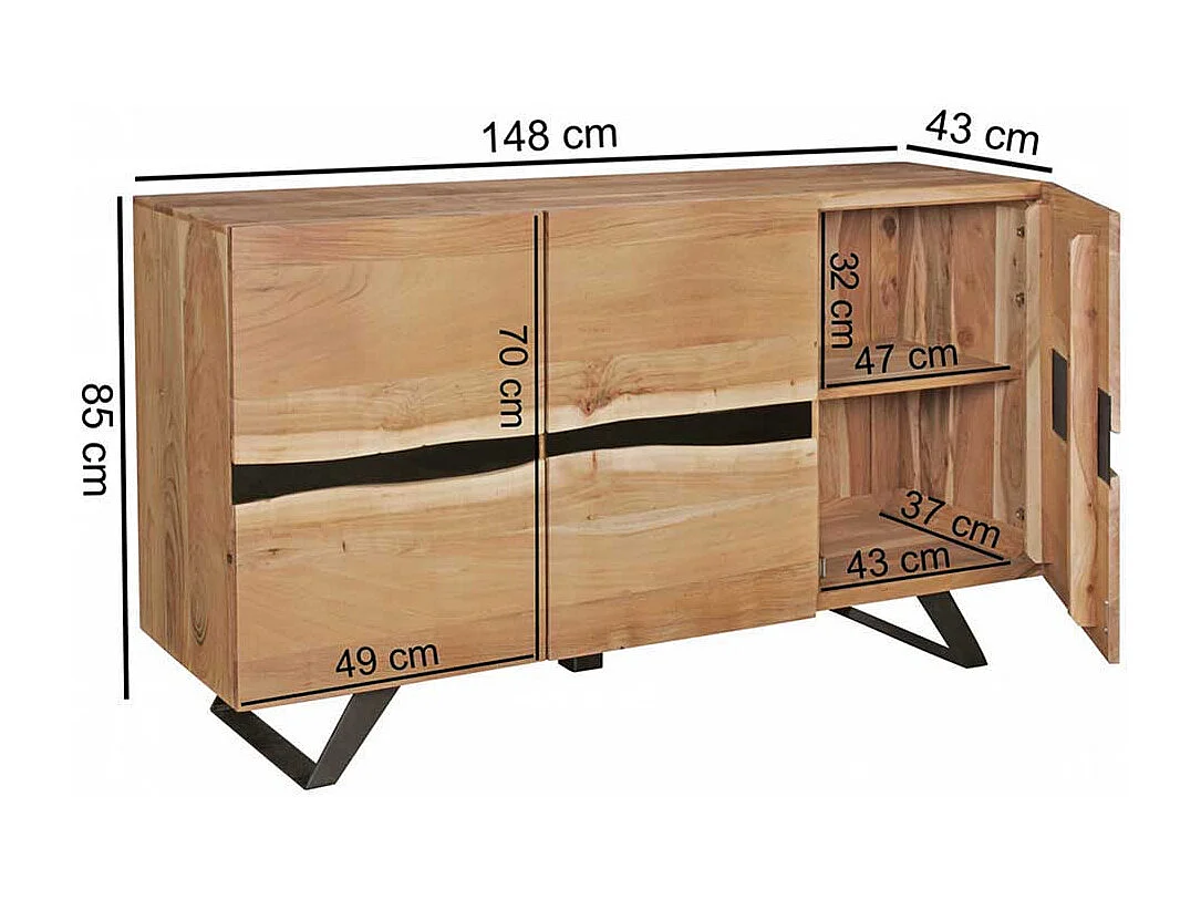 Wohnzimmer Sideboard aus Akazie massiv Metall