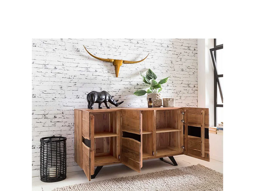 Wohnzimmer Sideboard aus Akazie massiv Metall