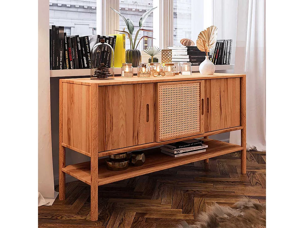 Sideboard Holz massiv mit Rattan Geflecht Schiebetüren