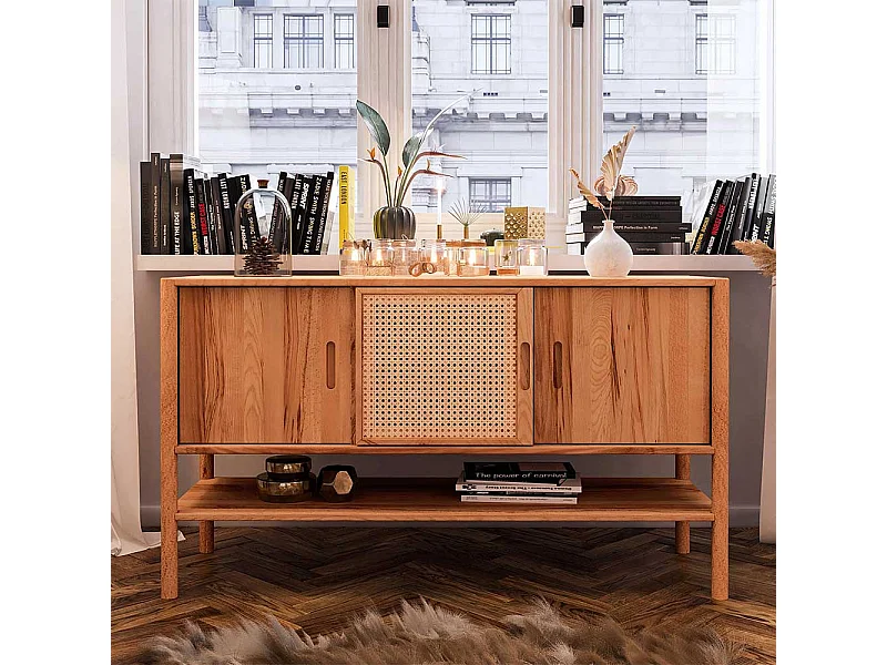 Sideboard Holz massiv mit Rattan Geflecht Schiebetüren