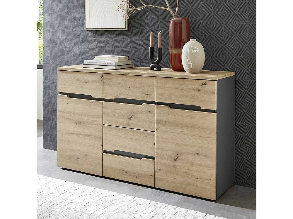 Esszimmersideboard 135 cm breit in Wildeichefarben Dunkelgrau