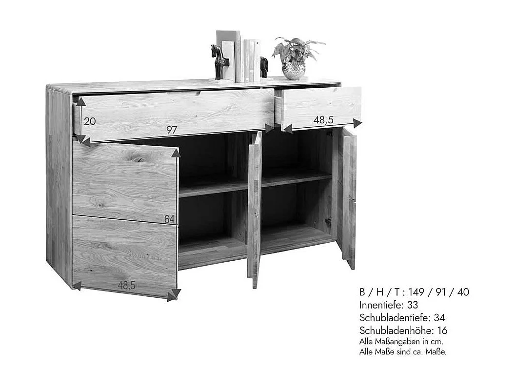 Sideboard Wohnzimmerkommode aus Wildeiche Massivholz 149 cm breit