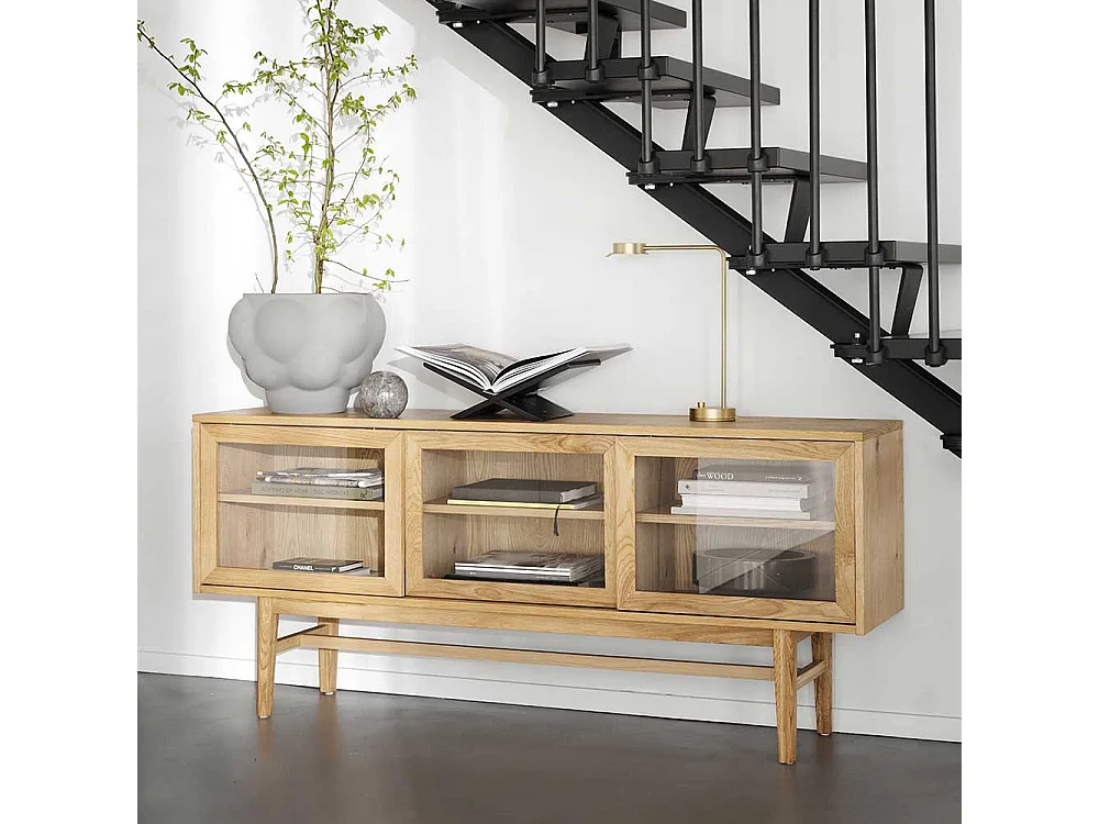 Modernes Vitrinen Sideboard in Eichefarben drei Glastüren