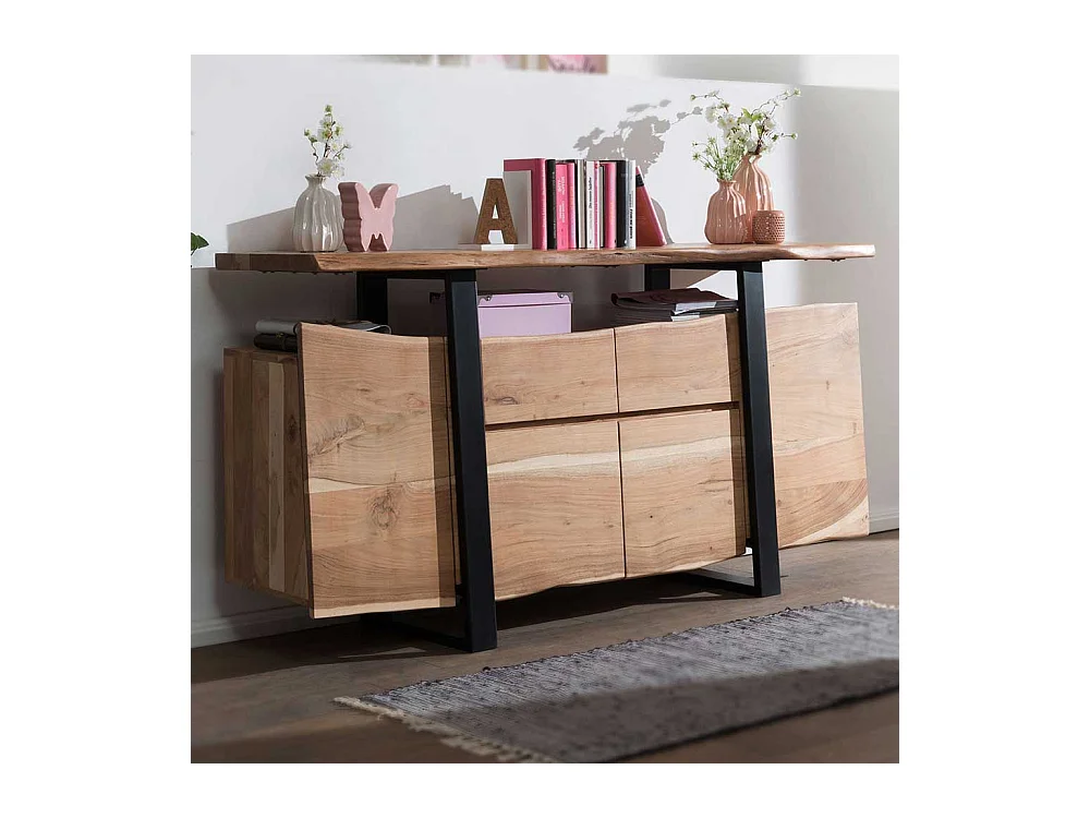 Rustikales Sideboard aus Akazie Massivholz und Metall Baumkante