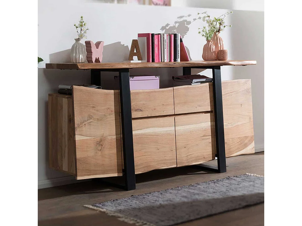 Rustikales Sideboard aus Akazie Massivholz und Metall Baumkante