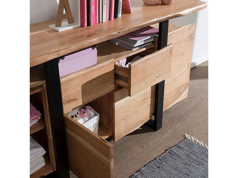 Rustikales Sideboard aus Akazie Massivholz und Metall Baumkante