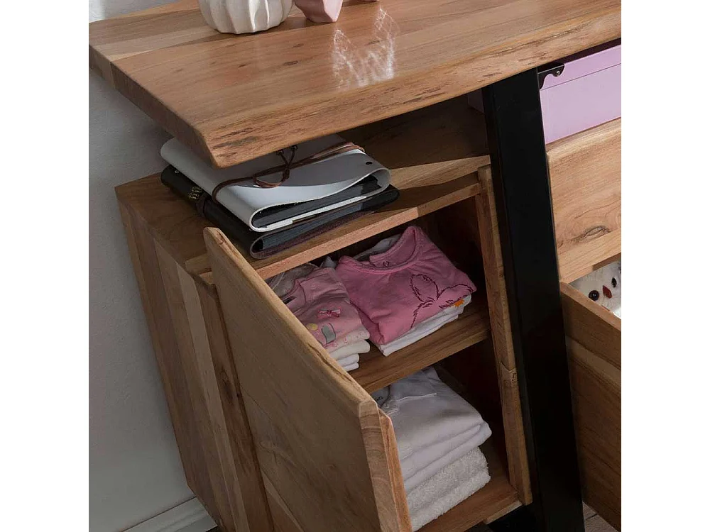 Rustikales Sideboard aus Akazie Massivholz und Metall Baumkante