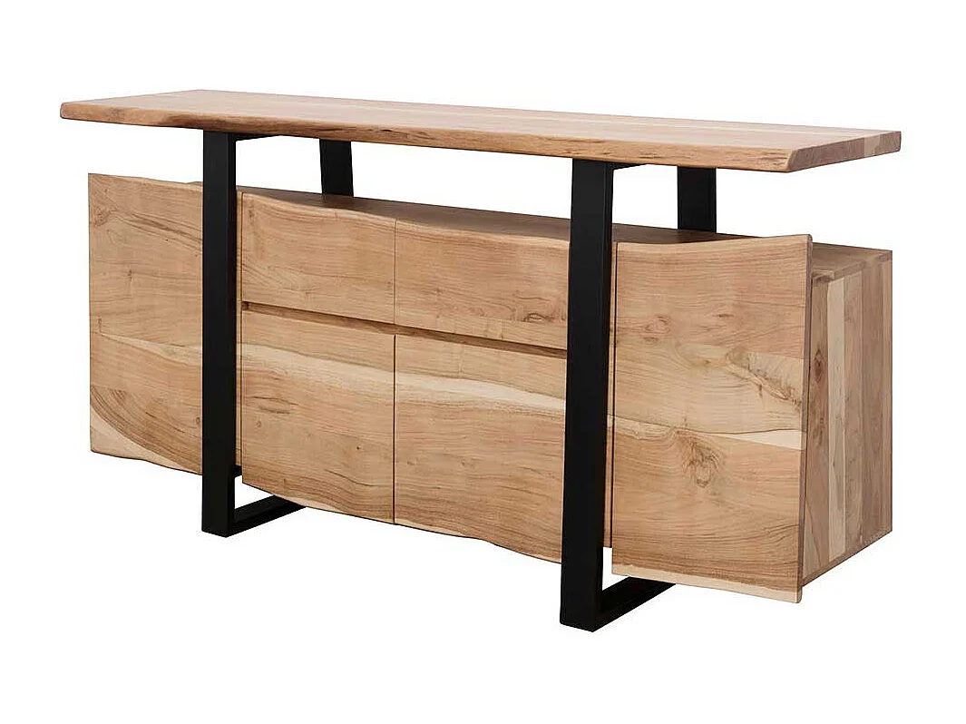 Rustikales Sideboard aus Akazie Massivholz und Metall Baumkante