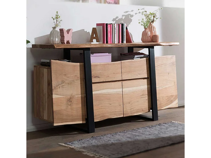 Rustikales Sideboard aus Akazie Massivholz und Metall Baumkante