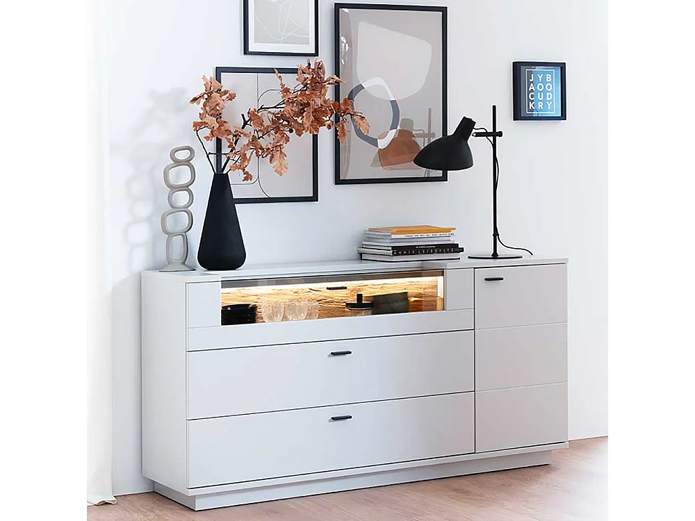 Sidebord mit Glasklappe und zwei Schubladen 165 cm breit